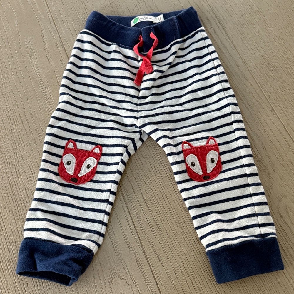 Baby Boden Navy and White Striped Pants with Fox Appliqué